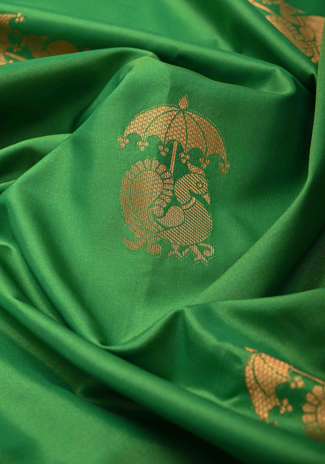 Green Kanchi Semi Silk Saree with Peacock Buttas and Contrast Zari Border