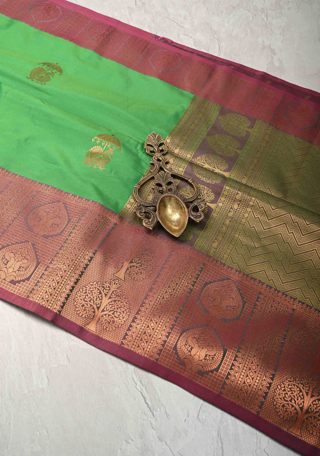 Green Kanchi Semi Silk Saree with Peacock Buttas and Contrast Zari Border