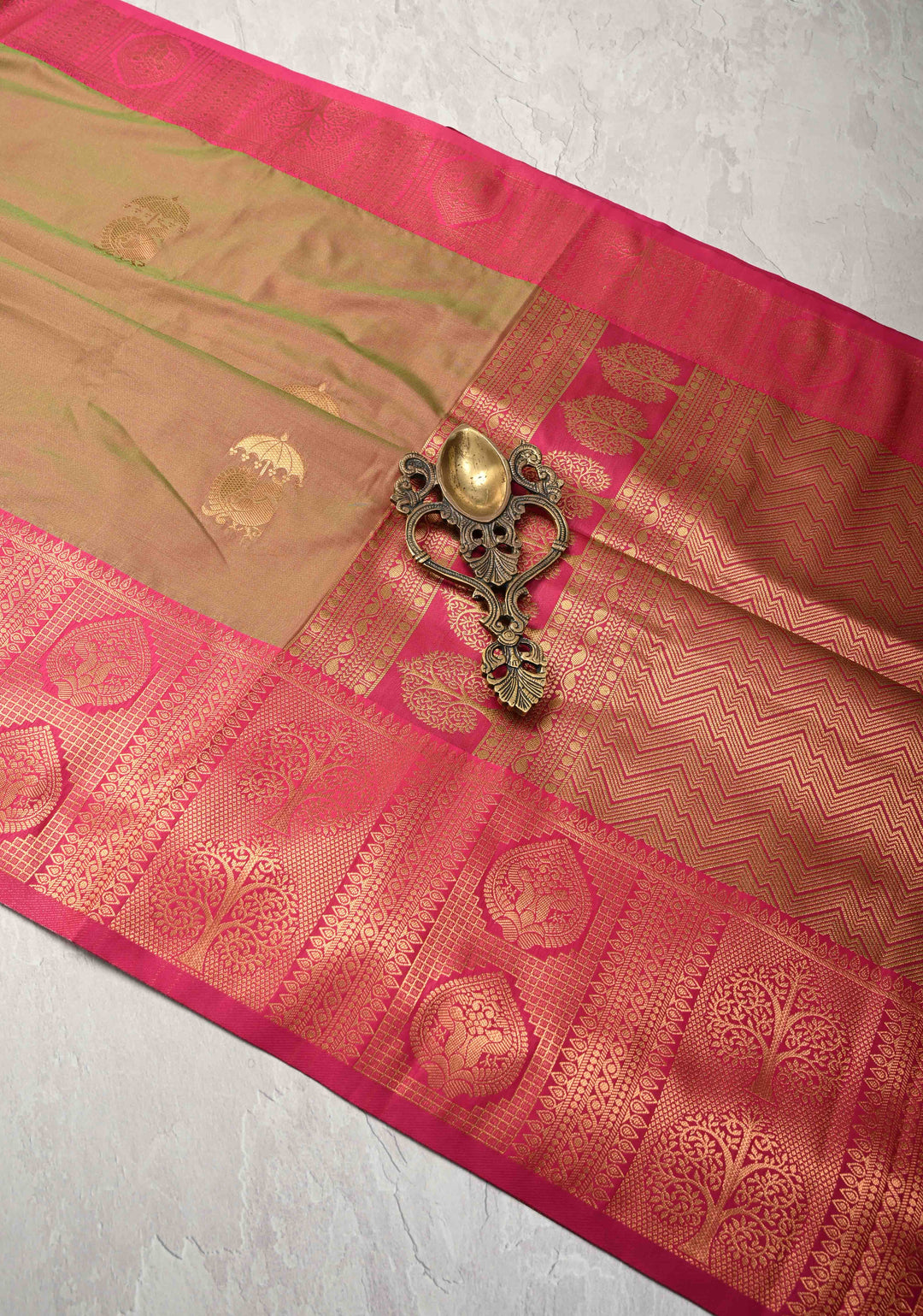 Green Pink Dual tone  Kanchi Semi Silk Saree with Peacock Buttas and Contrast Pink Zari Border