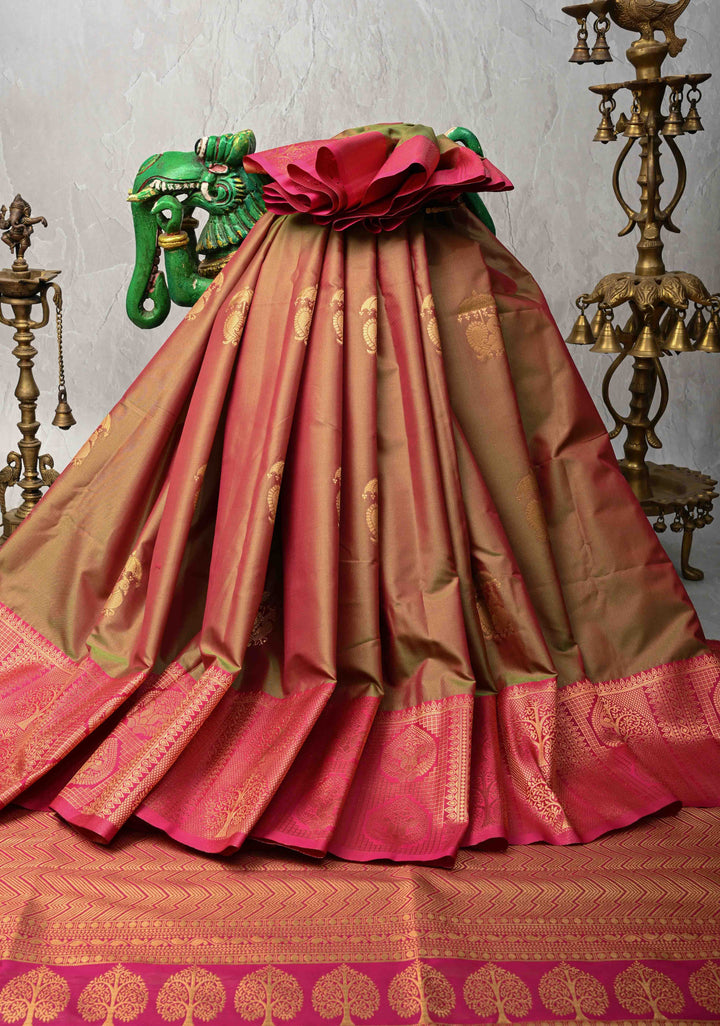 Green Pink Dual tone  Kanchi Semi Silk Saree with Peacock Buttas and Contrast Pink Zari Border
