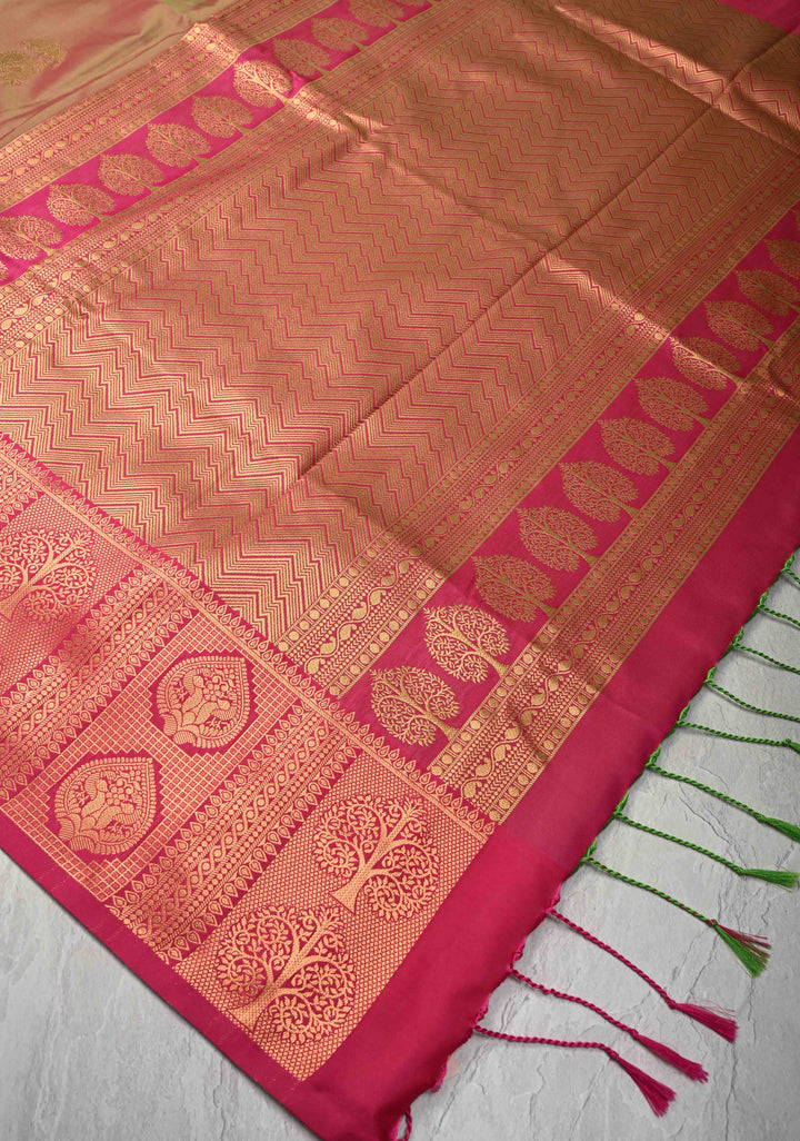 Green Pink Dual tone  Kanchi Semi Silk Saree with Peacock Buttas and Contrast Pink Zari Border