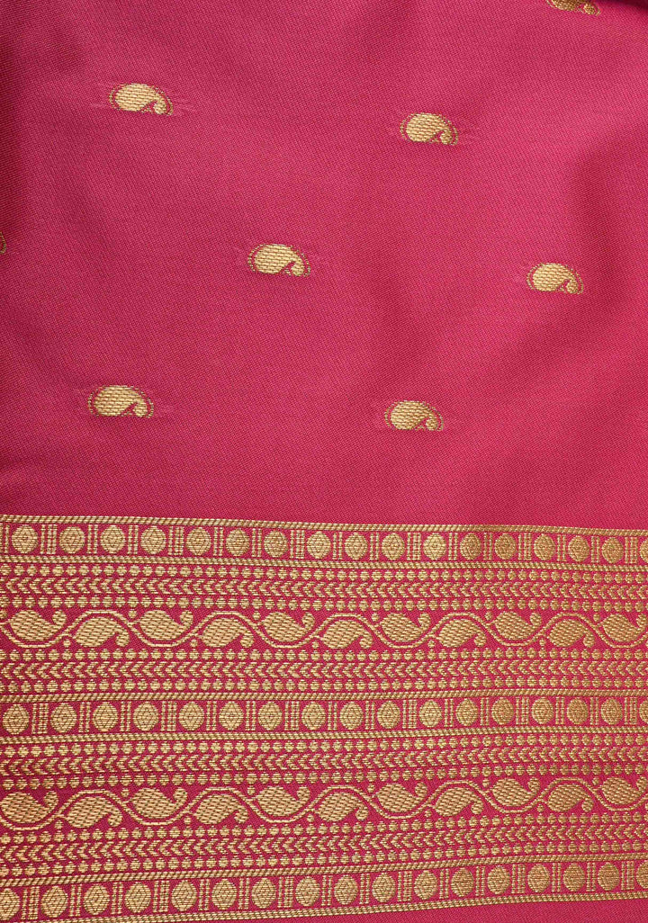 Green Pink Dual tone  Kanchi Semi Silk Saree with Peacock Buttas and Contrast Pink Zari Border