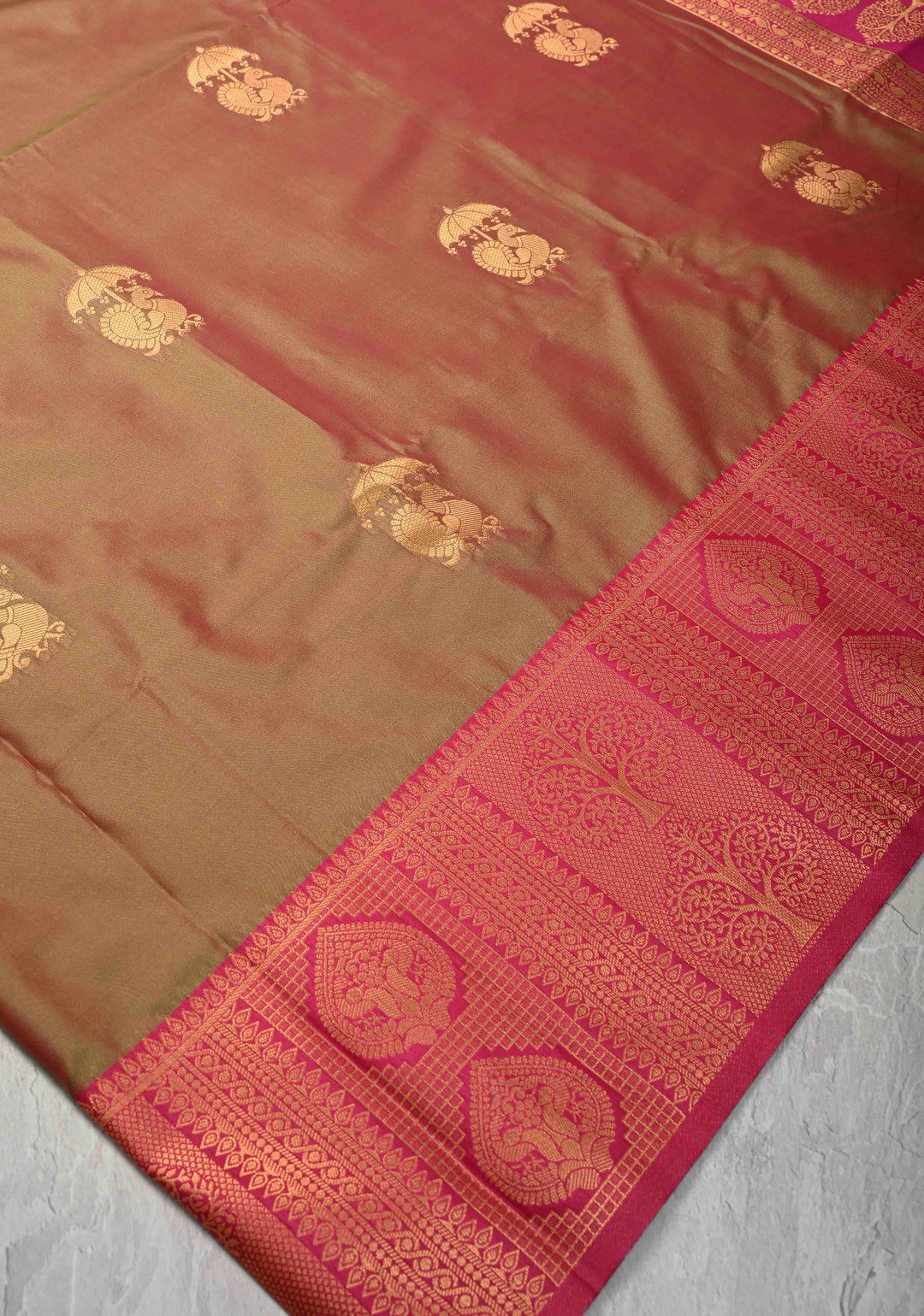 Green Pink Dual tone  Kanchi Semi Silk Saree with Peacock Buttas and Contrast Pink Zari Border