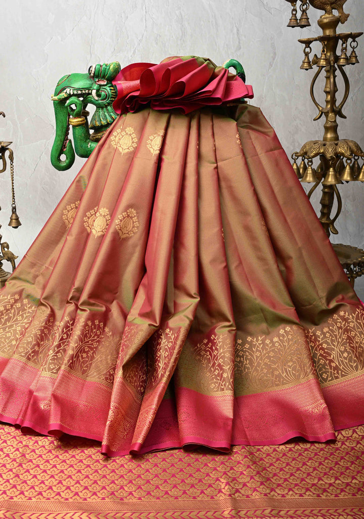 Green and Pink Dual tone  Mustard Dual tone Kanchi Semi Silk Saree with Floral Buttas and Contrast Purple Zari Border