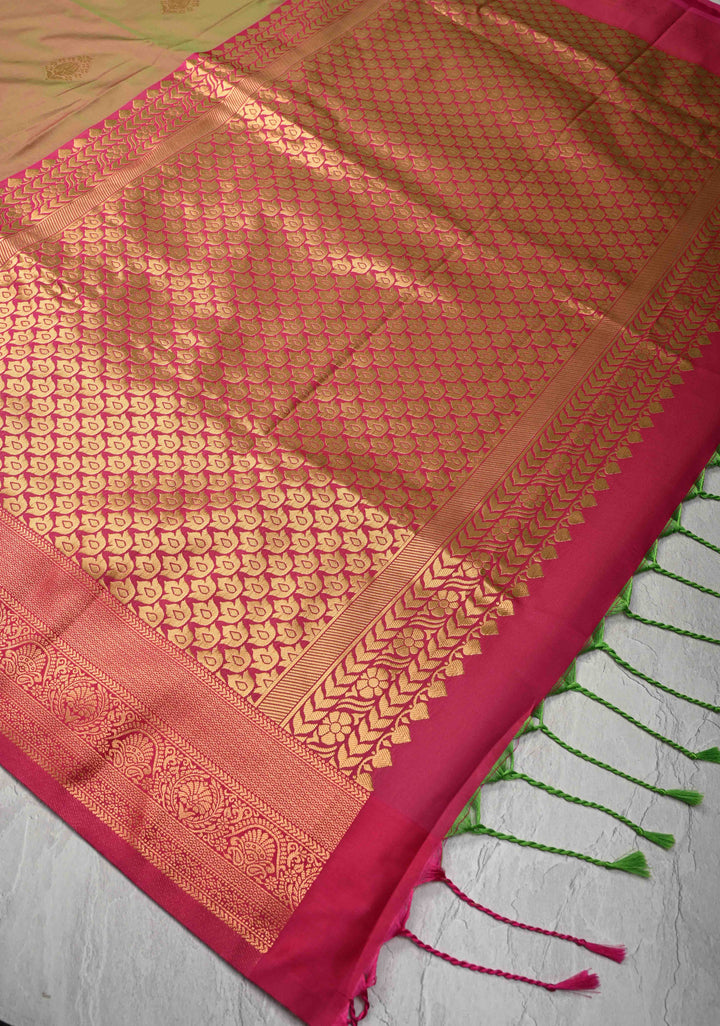 Green and Pink Dual tone  Mustard Dual tone Kanchi Semi Silk Saree with Floral Buttas and Contrast Purple Zari Border