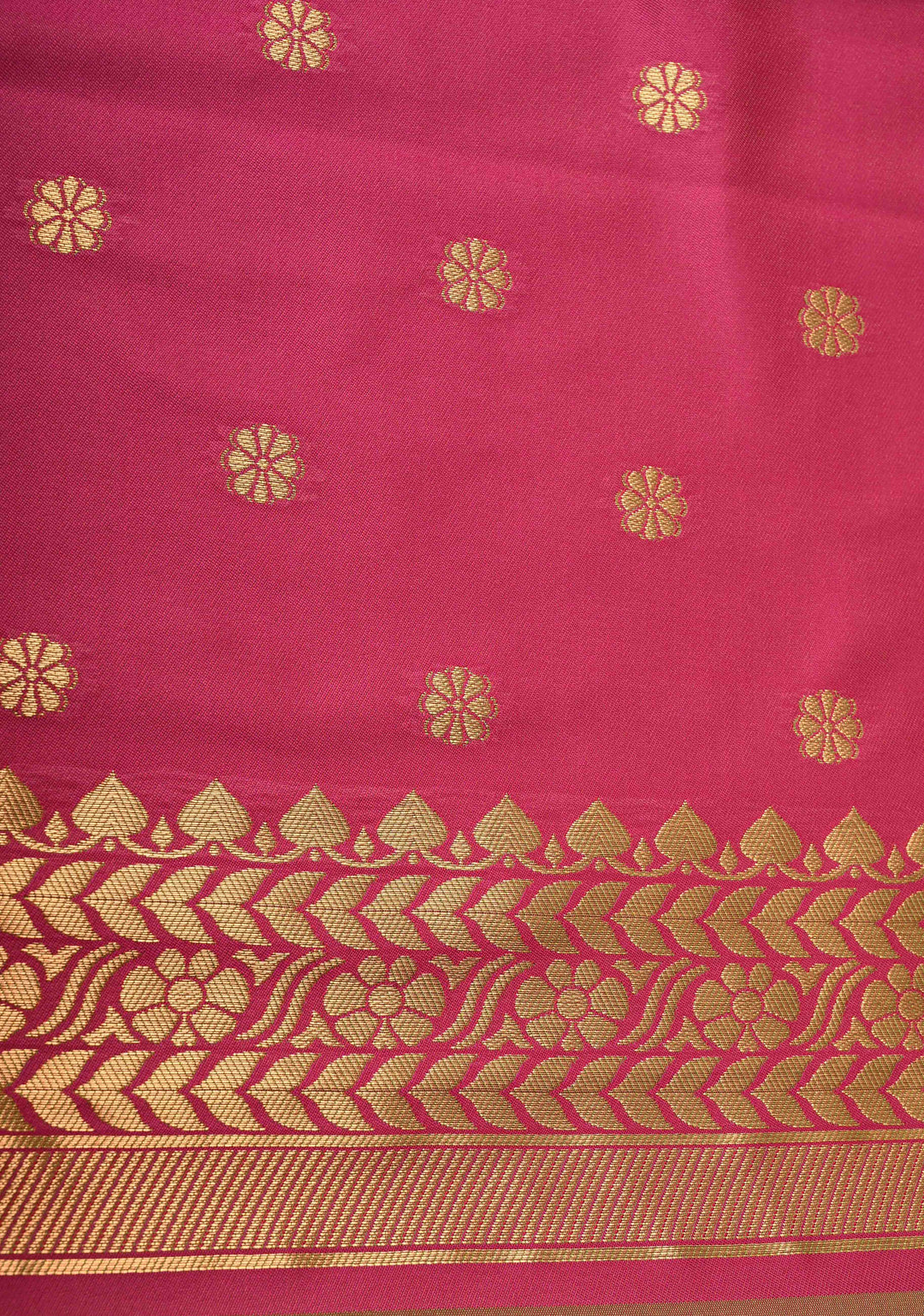 Green and Pink Dual tone  Mustard Dual tone Kanchi Semi Silk Saree with Floral Buttas and Contrast Purple Zari Border