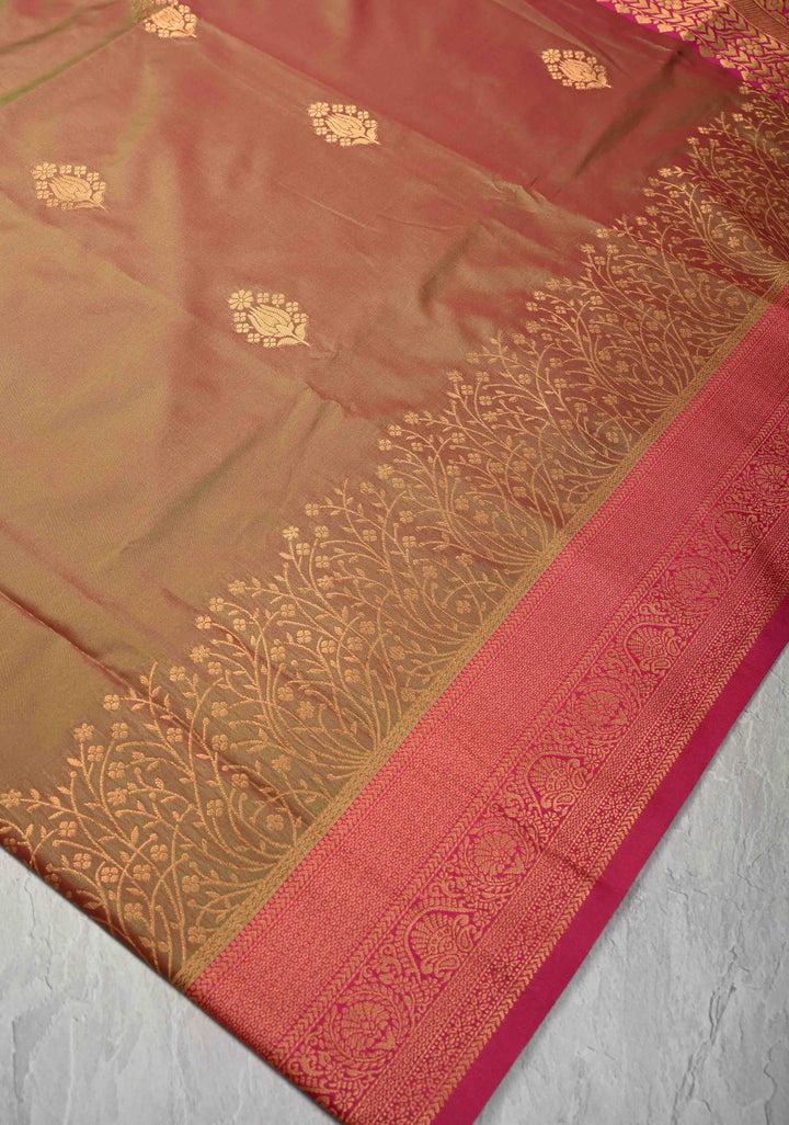 Green and Pink Dual tone  Mustard Dual tone Kanchi Semi Silk Saree with Floral Buttas and Contrast Purple Zari Border