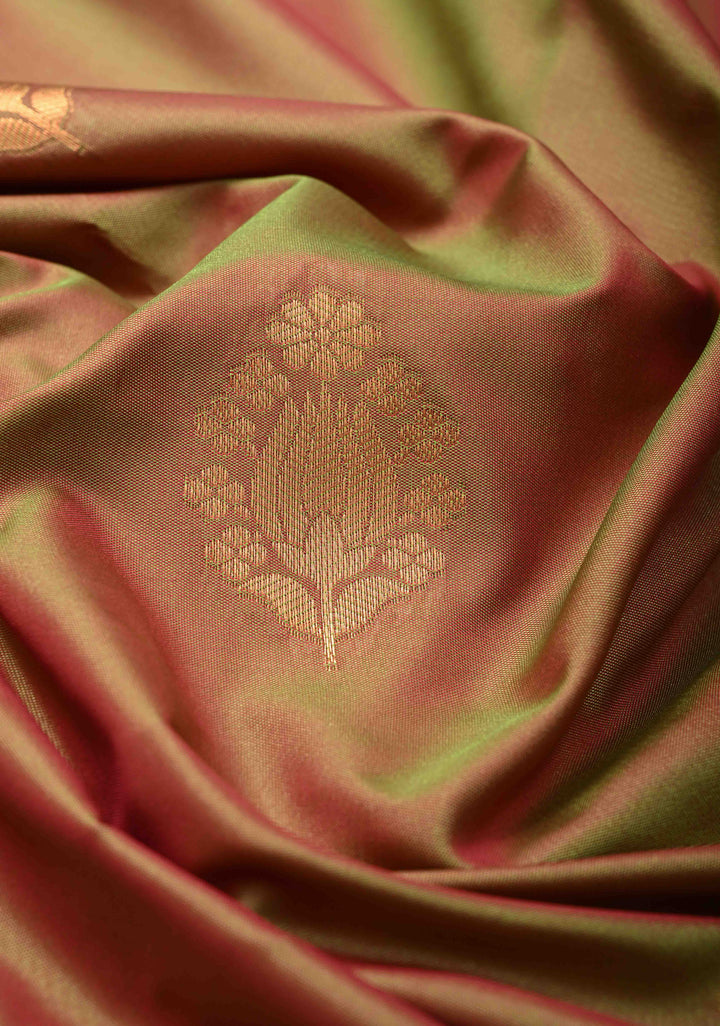 Green and Pink Dual tone  Mustard Dual tone Kanchi Semi Silk Saree with Floral Buttas and Contrast Purple Zari Border