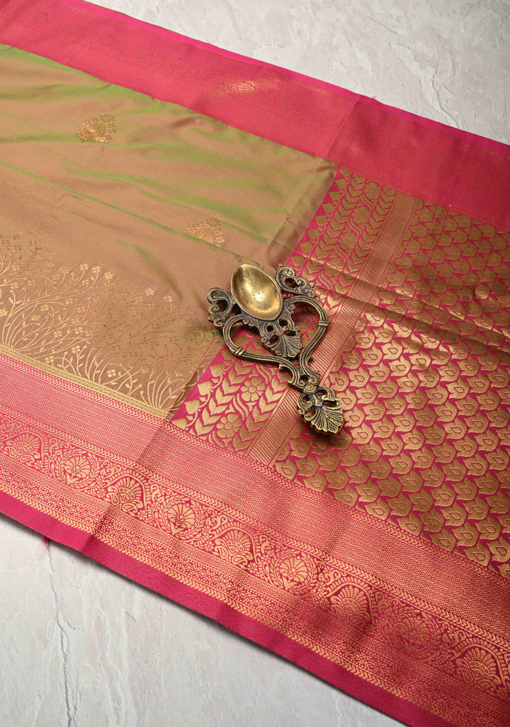 Green and Pink Dual tone  Mustard Dual tone Kanchi Semi Silk Saree with Floral Buttas and Contrast Purple Zari Border