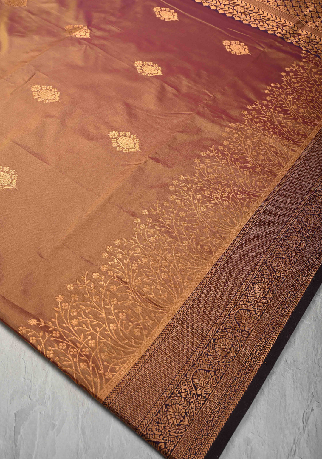 Pink Light Green Kanchi Semi Silk Saree with Floral Buttas and Contrast Zari Border