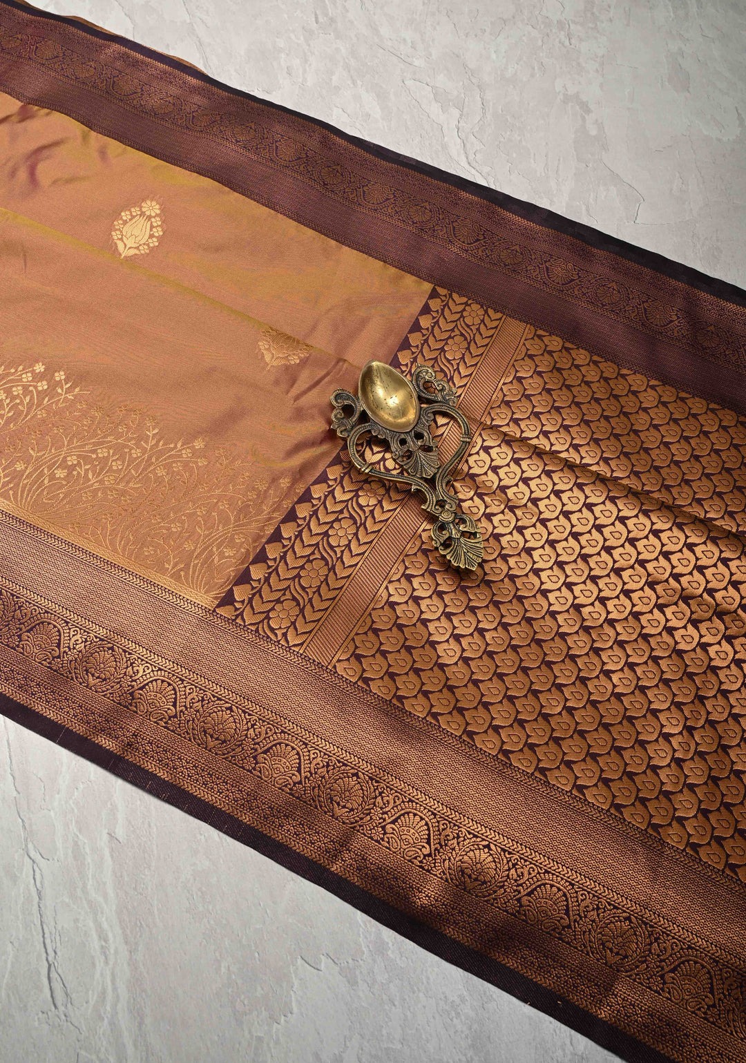 Pink Light Green Kanchi Semi Silk Saree with Floral Buttas and Contrast Zari Border