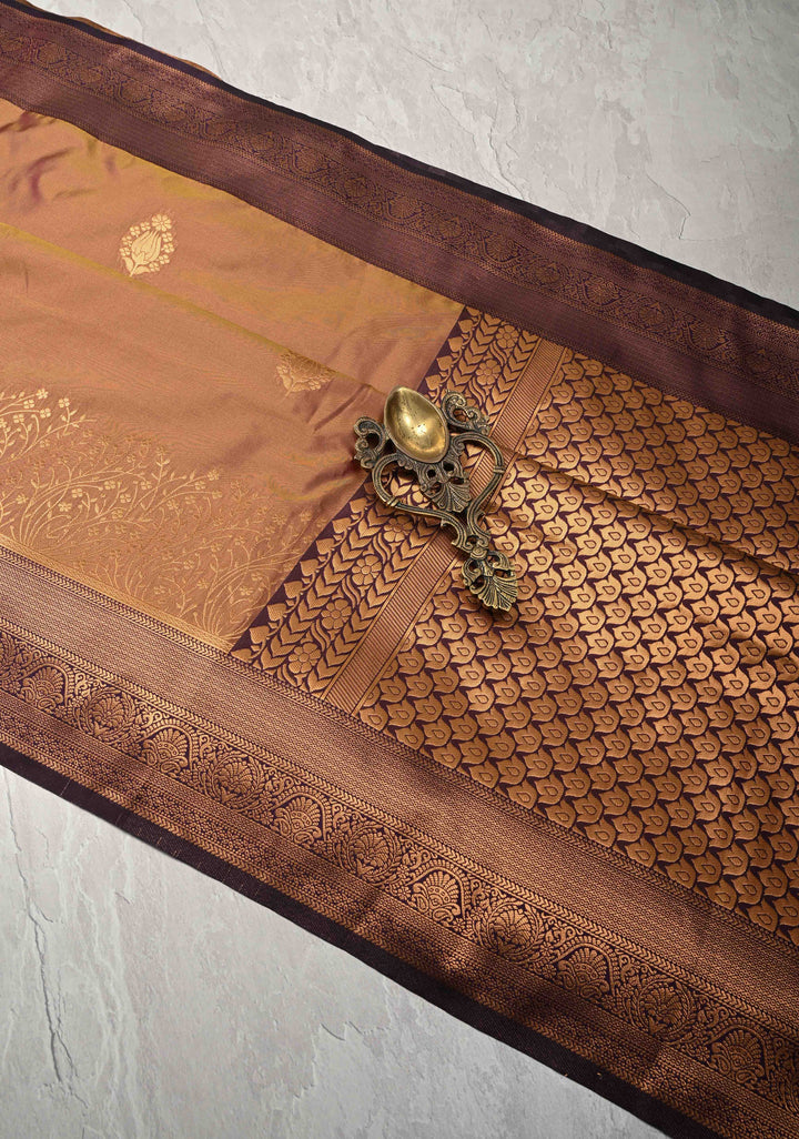 Pink Light Green Kanchi Semi Silk Saree with Floral Buttas and Contrast Zari Border