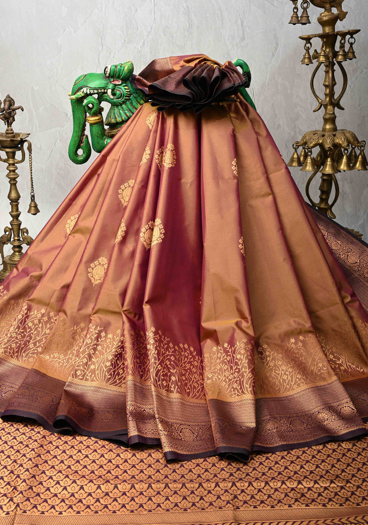 Pink Light Green Kanchi Semi Silk Saree with Floral Buttas and Contrast Zari Border