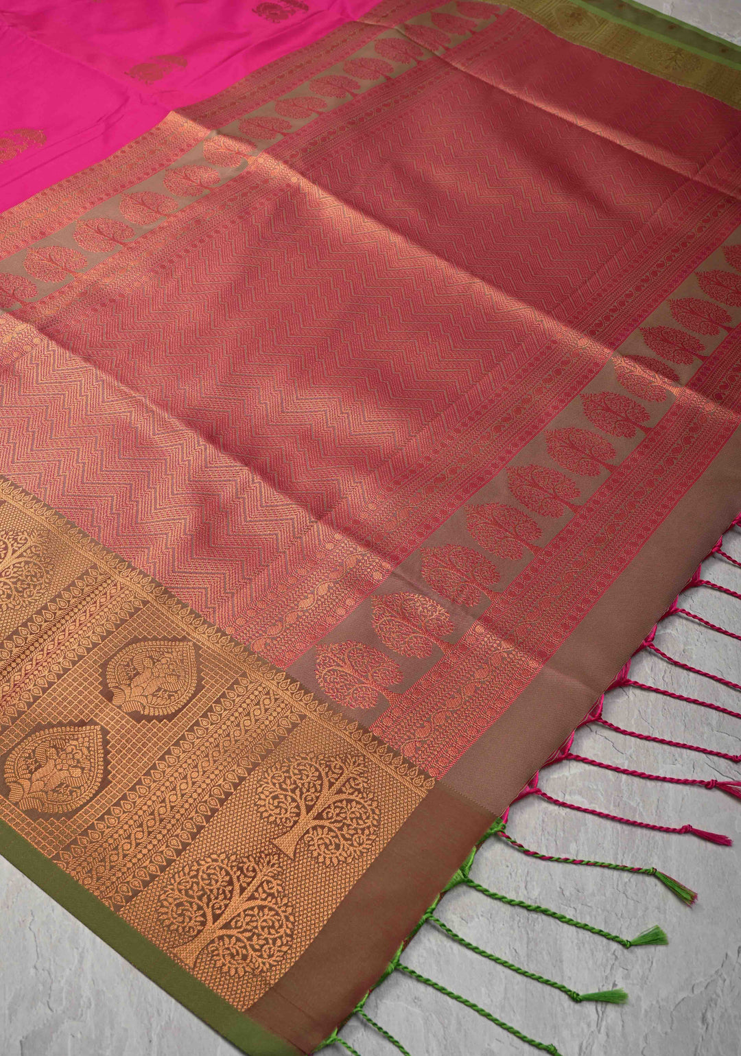 Dark Pink Kanchi Semi Silk Saree with Peacock Buttas and Contrast Green Zari Border