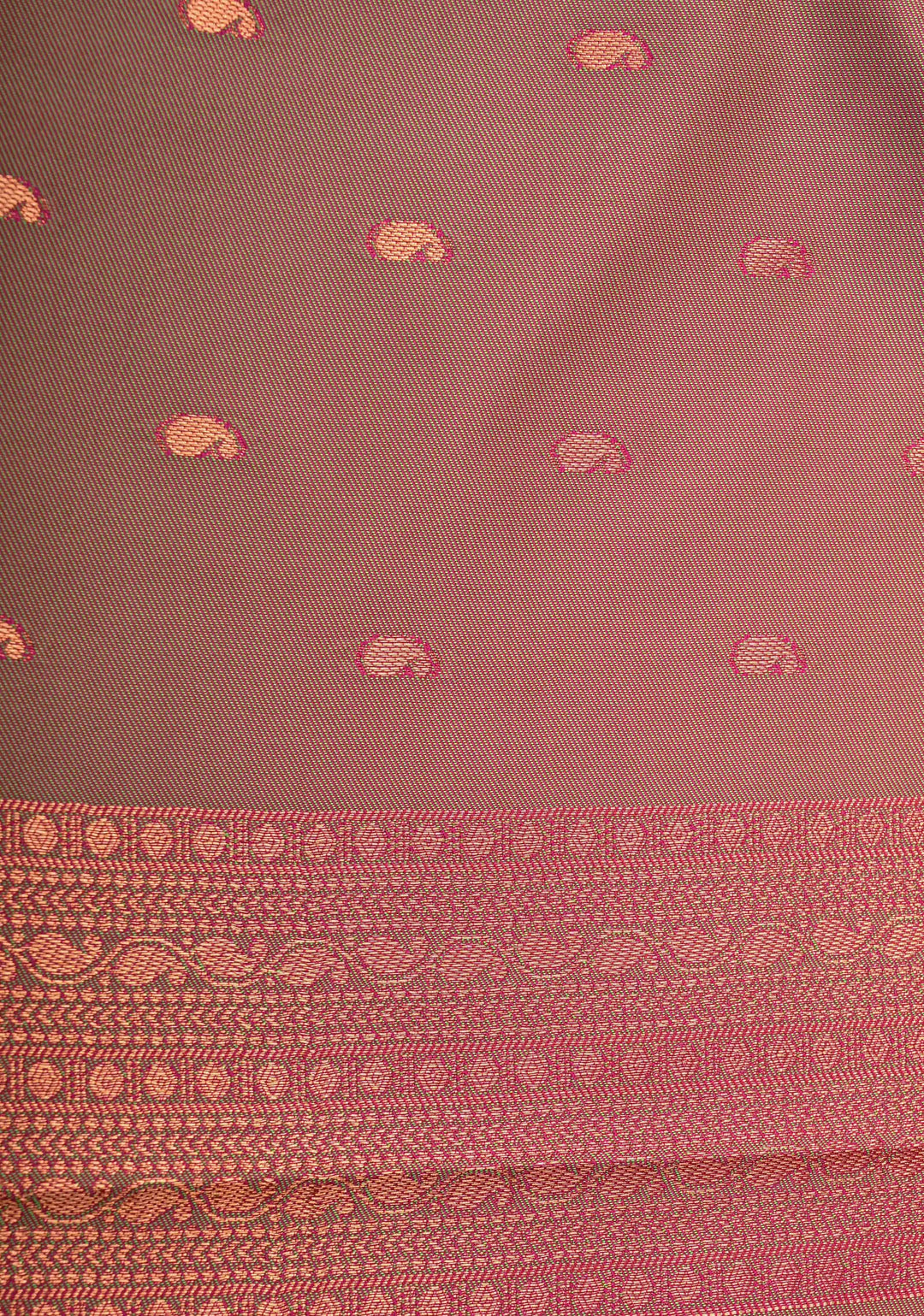 Dark Pink Kanchi Semi Silk Saree with Peacock Buttas and Contrast Green Zari Border