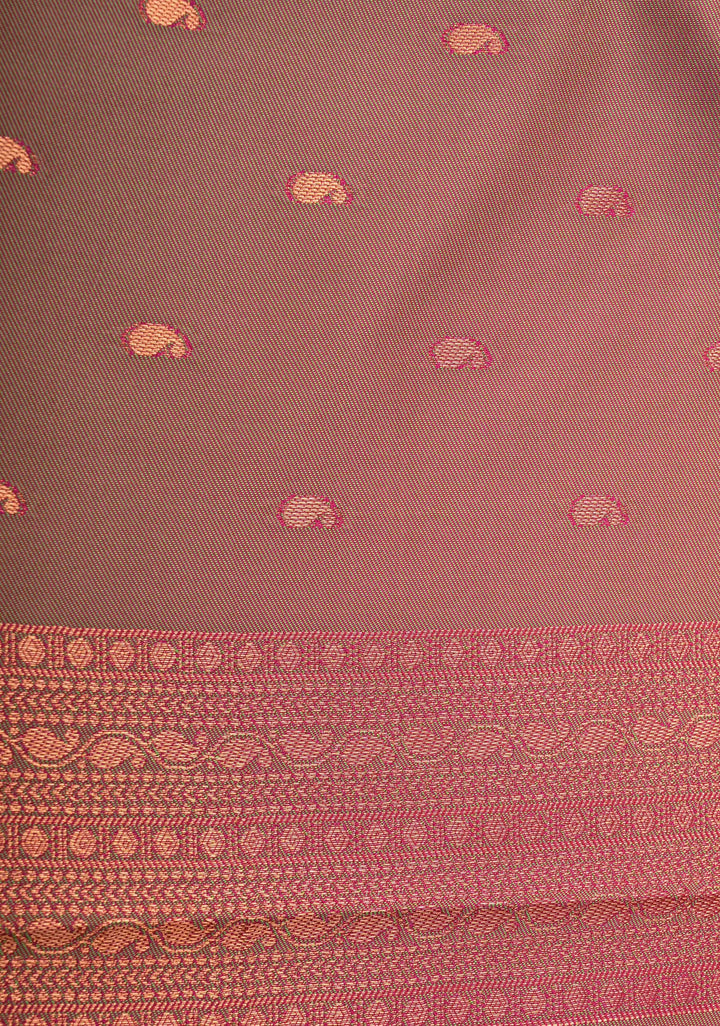 Dark Pink Kanchi Semi Silk Saree with Peacock Buttas and Contrast Green Zari Border