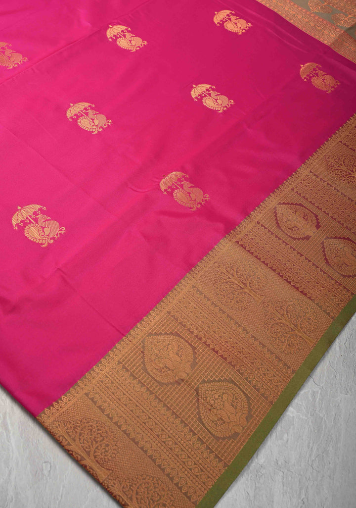 Dark Pink Kanchi Semi Silk Saree with Peacock Buttas and Contrast Green Zari Border