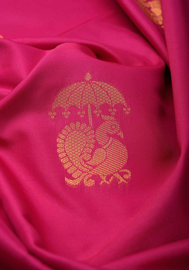 Dark Pink Kanchi Semi Silk Saree with Peacock Buttas and Contrast Green Zari Border