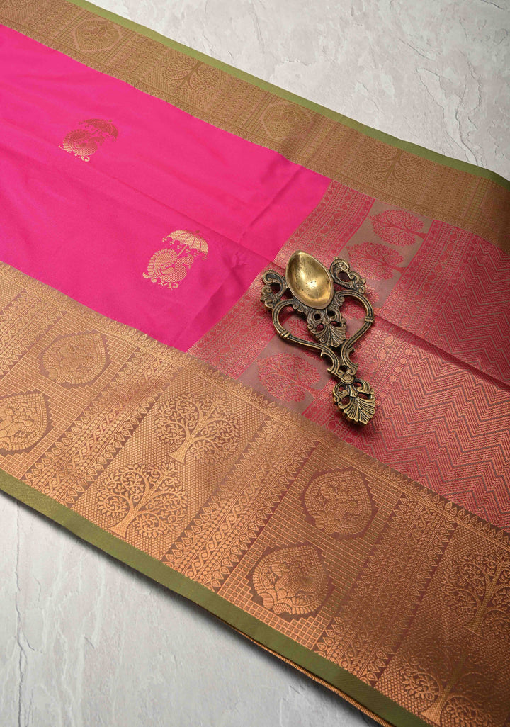 Dark Pink Kanchi Semi Silk Saree with Peacock Buttas and Contrast Green Zari Border