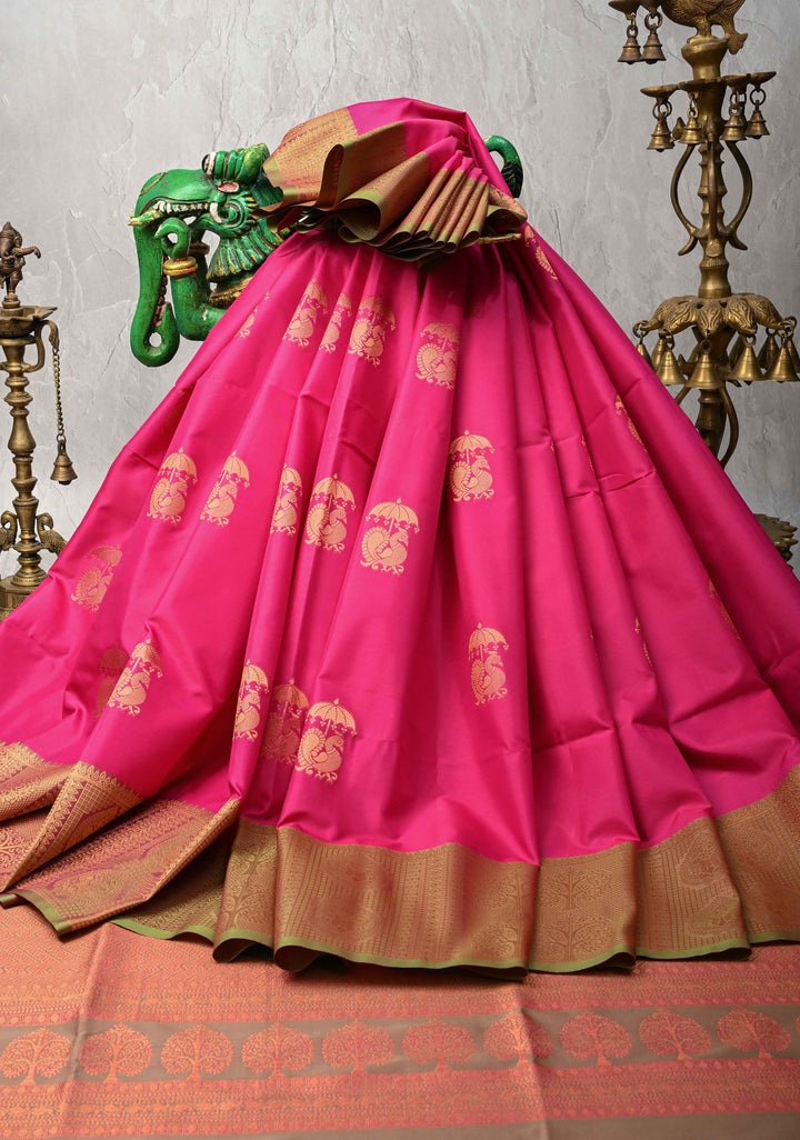 Dark Pink Kanchi Semi Silk Saree with Peacock Buttas and Contrast Green Zari Border