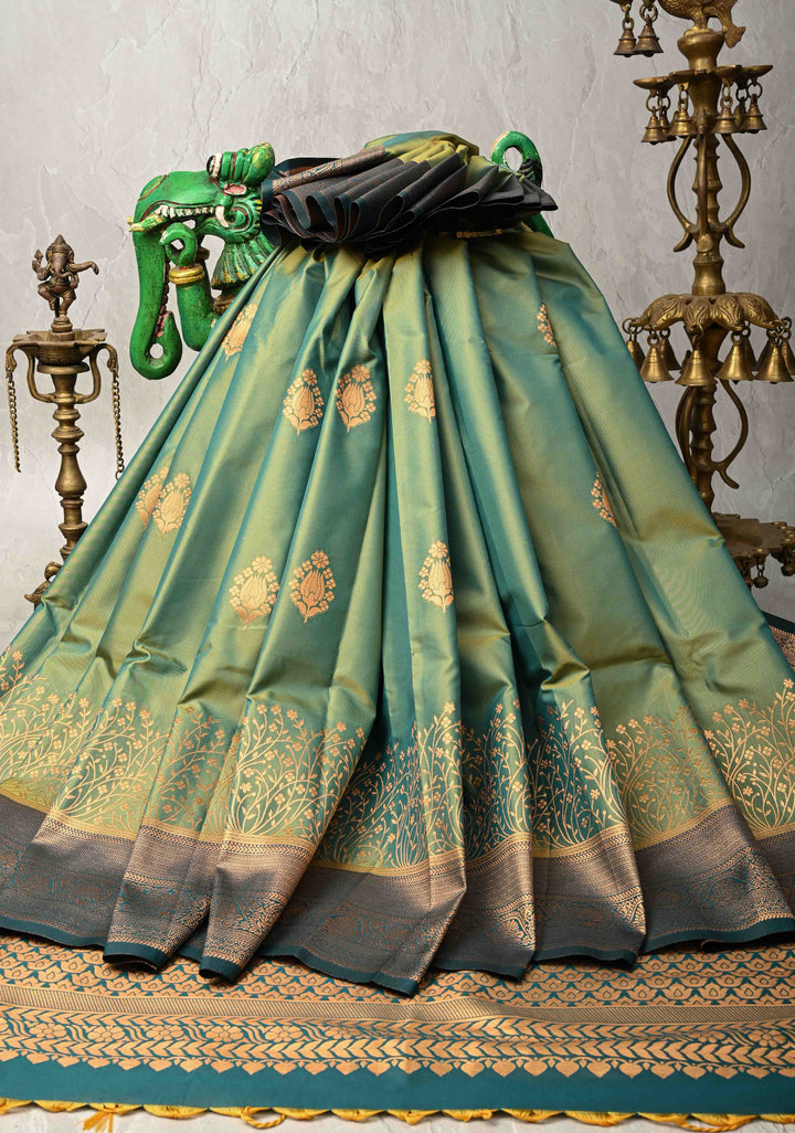 Green Dual tone Kanchi Semi Silk Saree with Floral Buttas and Zari Border