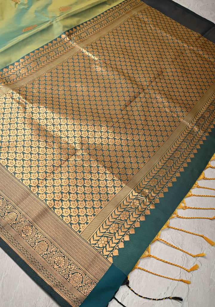 Green Dual tone Kanchi Semi Silk Saree with Floral Buttas and Zari Border