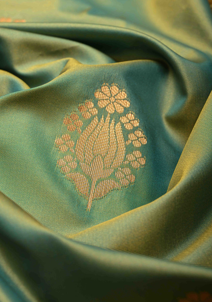 Green Dual tone Kanchi Semi Silk Saree with Floral Buttas and Zari Border