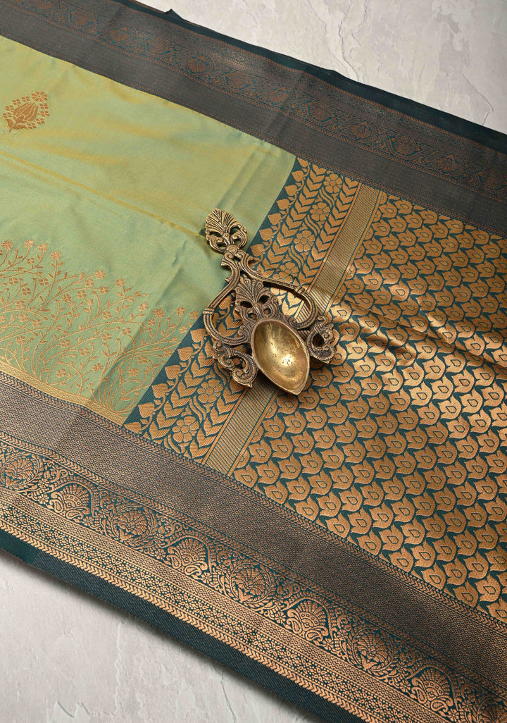 Green Dual tone Kanchi Semi Silk Saree with Floral Buttas and Zari Border