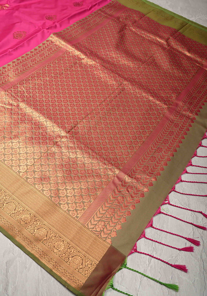 Fushsia Kanchi Semi Silk Saree with Floral Buttas and Zari Border