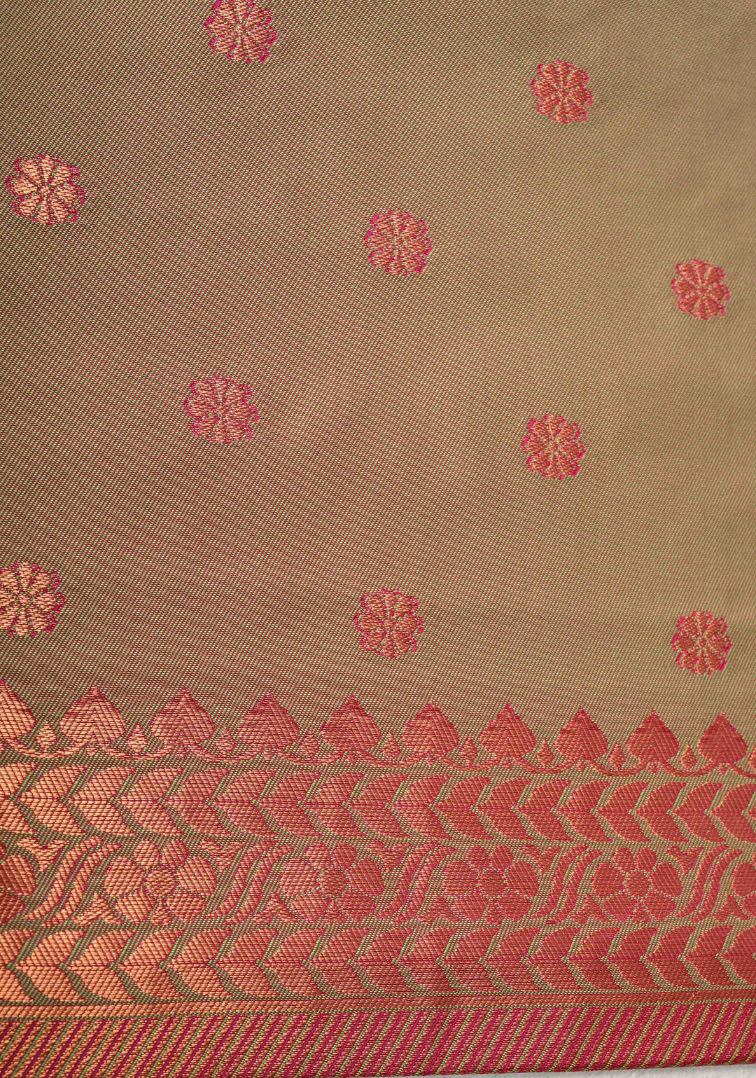 Fushsia Kanchi Semi Silk Saree with Floral Buttas and Zari Border