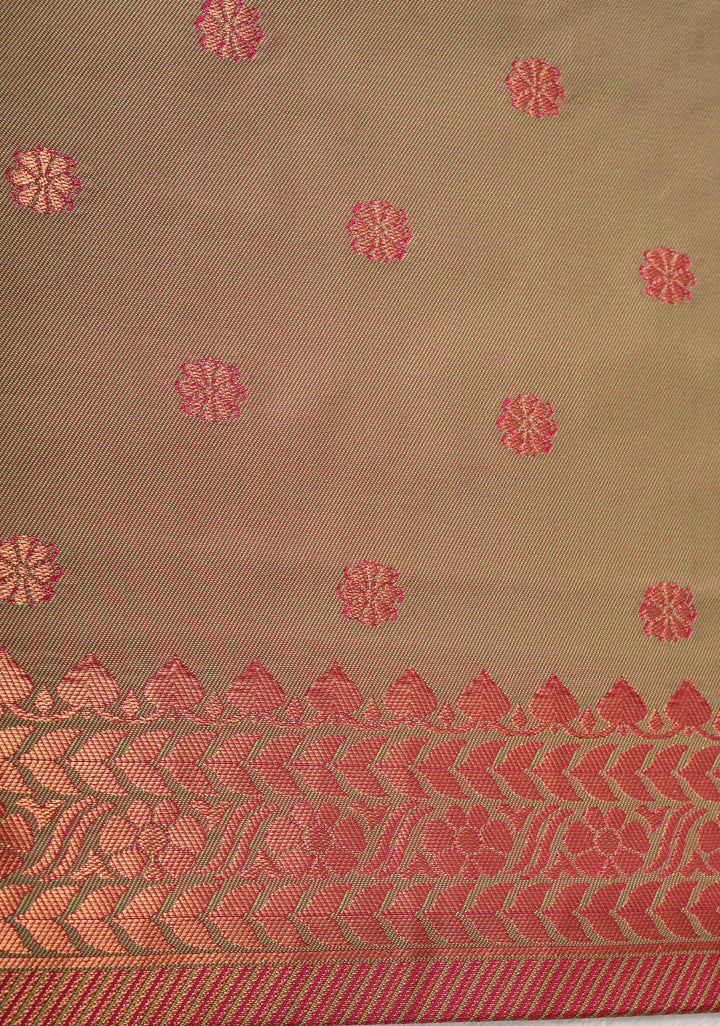 Fushsia Kanchi Semi Silk Saree with Floral Buttas and Zari Border
