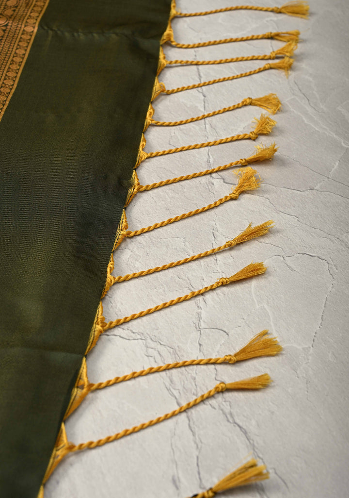 Henna Green Kanchi Semi Silk Saree with Peacock Buttas and Zari Border
