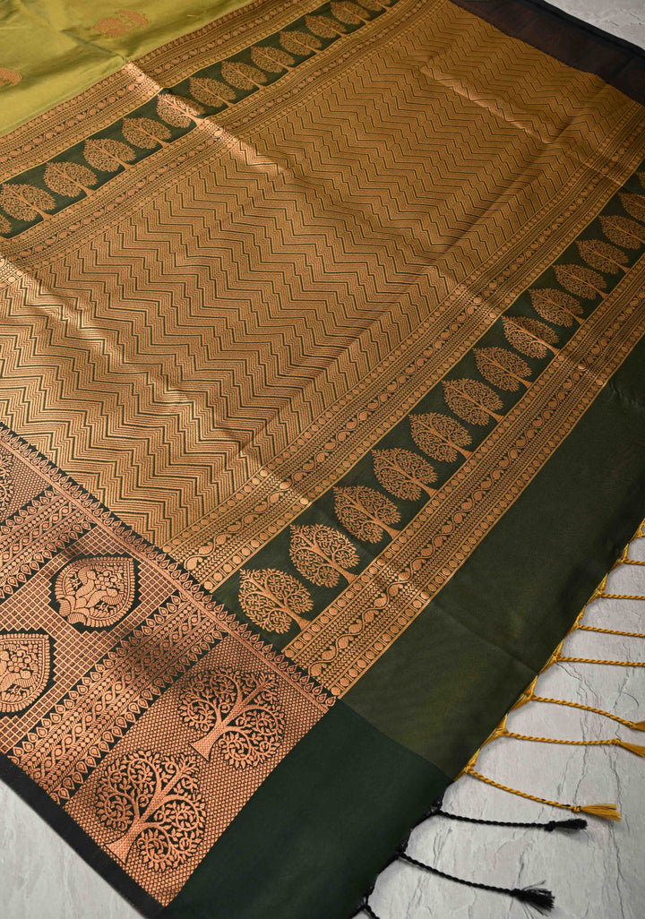 Henna Green Kanchi Semi Silk Saree with Peacock Buttas and Zari Border