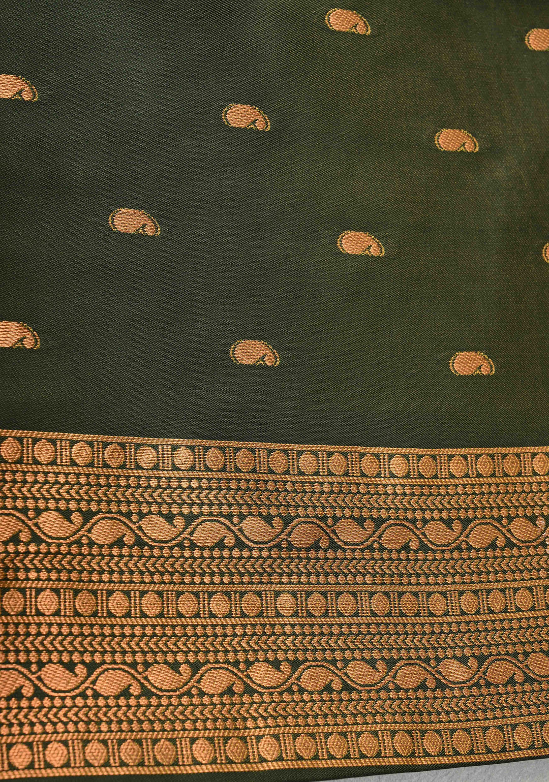 Henna Green Kanchi Semi Silk Saree with Peacock Buttas and Zari Border