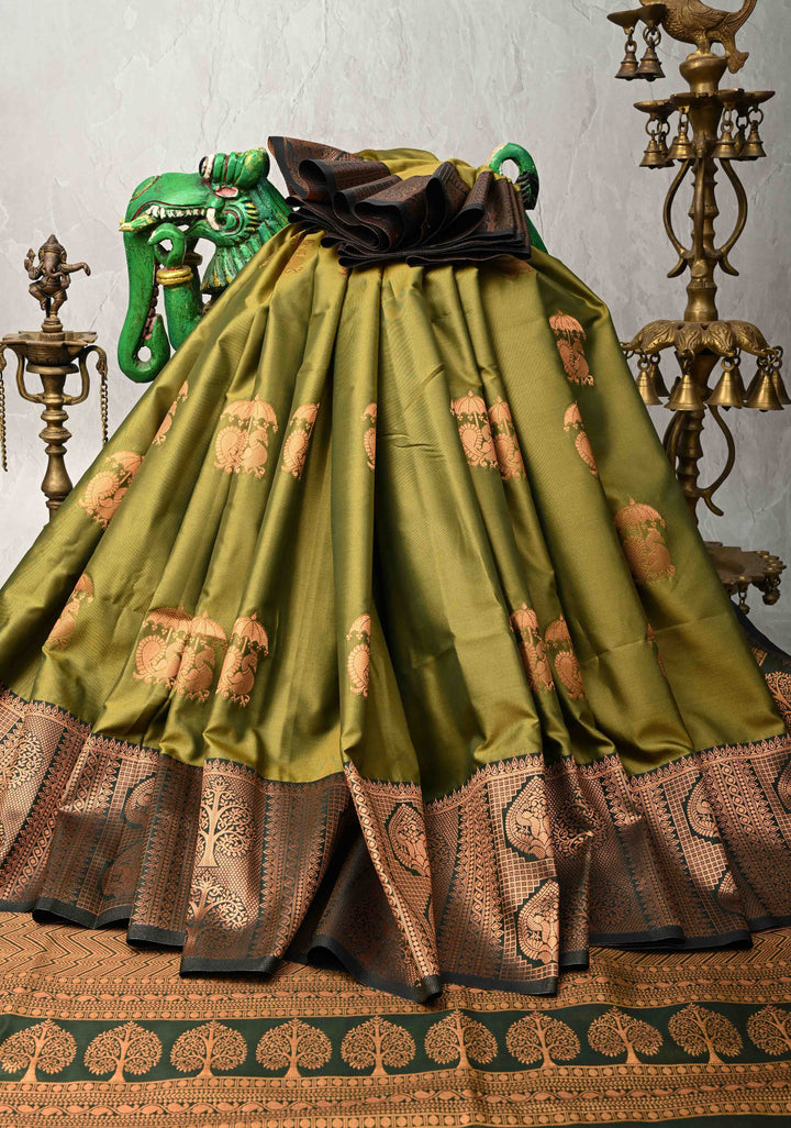 Henna Green Kanchi Semi Silk Saree with Peacock Buttas and Zari Border