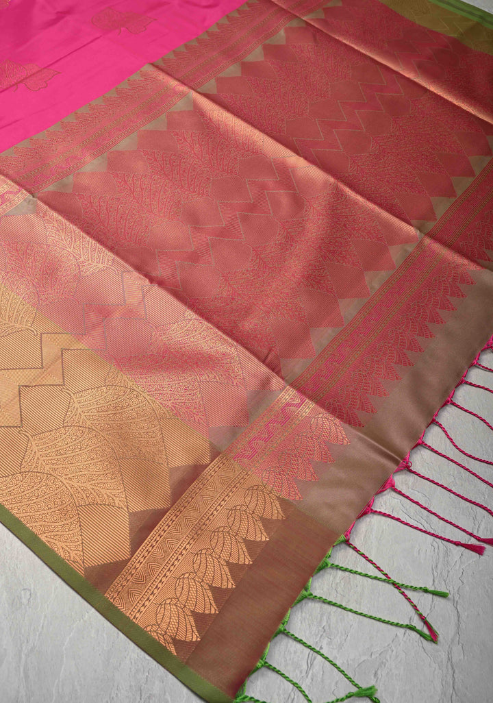 Dark Pink Kanchi Semi Silk Saree with Leaf Buttas and Zari Border