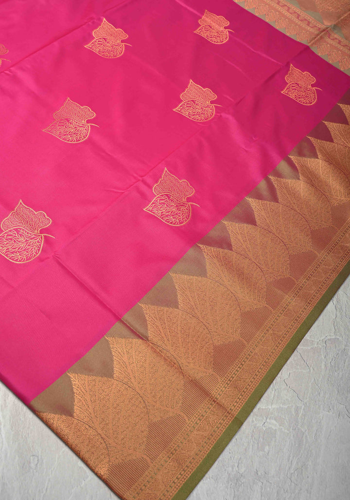Dark Pink Kanchi Semi Silk Saree with Leaf Buttas and Zari Border