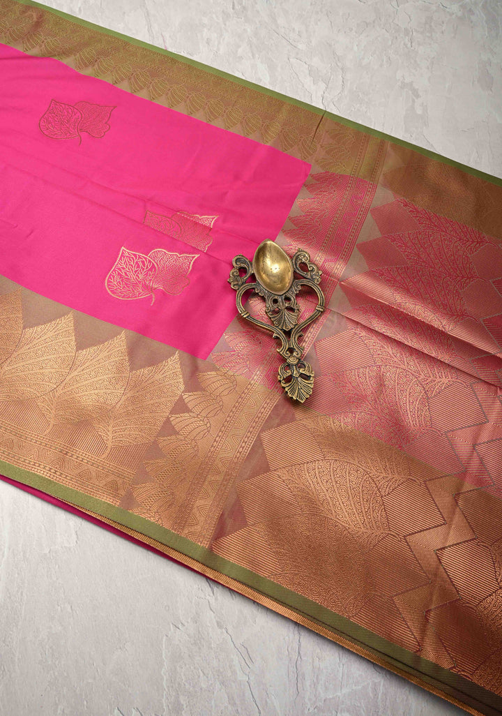 Dark Pink Kanchi Semi Silk Saree with Leaf Buttas and Zari Border