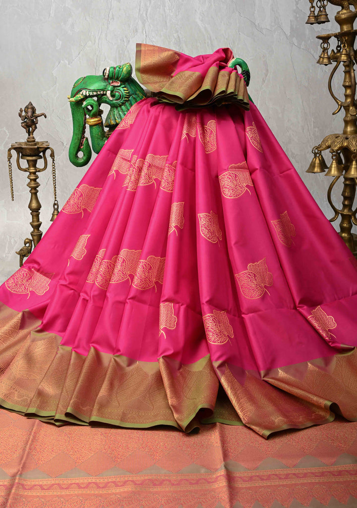 Dark Pink Kanchi Semi Silk Saree with Leaf Buttas and Zari Border