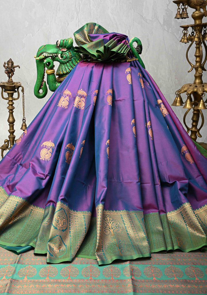 Purple Dual tone Kanchi Semi Silk Saree with Peacock Buttas and Contrast Zari Border