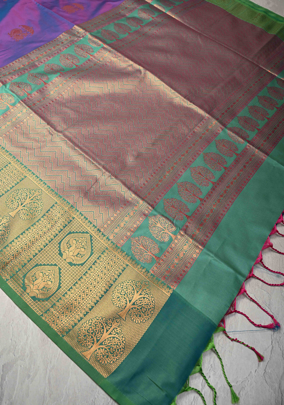 Purple Dual tone Kanchi Semi Silk Saree with Peacock Buttas and Contrast Zari Border