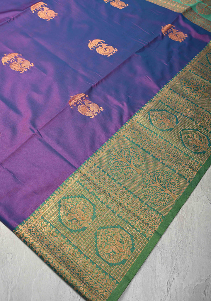 Purple Dual tone Kanchi Semi Silk Saree with Peacock Buttas and Contrast Zari Border