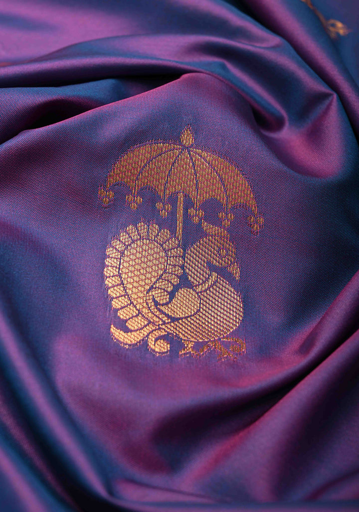 Purple Dual tone Kanchi Semi Silk Saree with Peacock Buttas and Contrast Zari Border