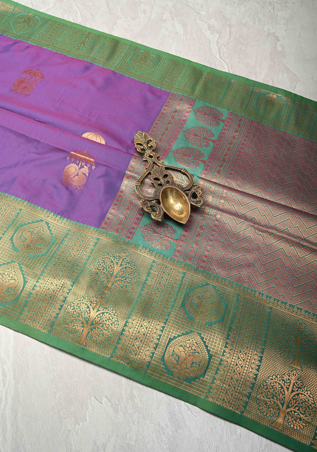 Purple Dual tone Kanchi Semi Silk Saree with Peacock Buttas and Contrast Zari Border