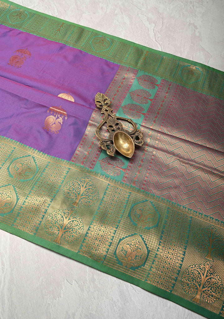 Purple Dual tone Kanchi Semi Silk Saree with Peacock Buttas and Contrast Zari Border