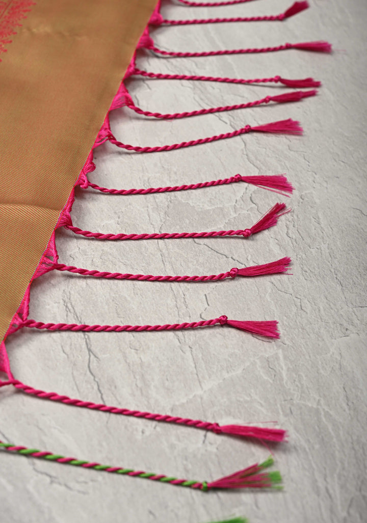 Amaranth Pink Kanchi Semi Silk Saree with Meenakari Floral Buttas and Contrast Zari Border
