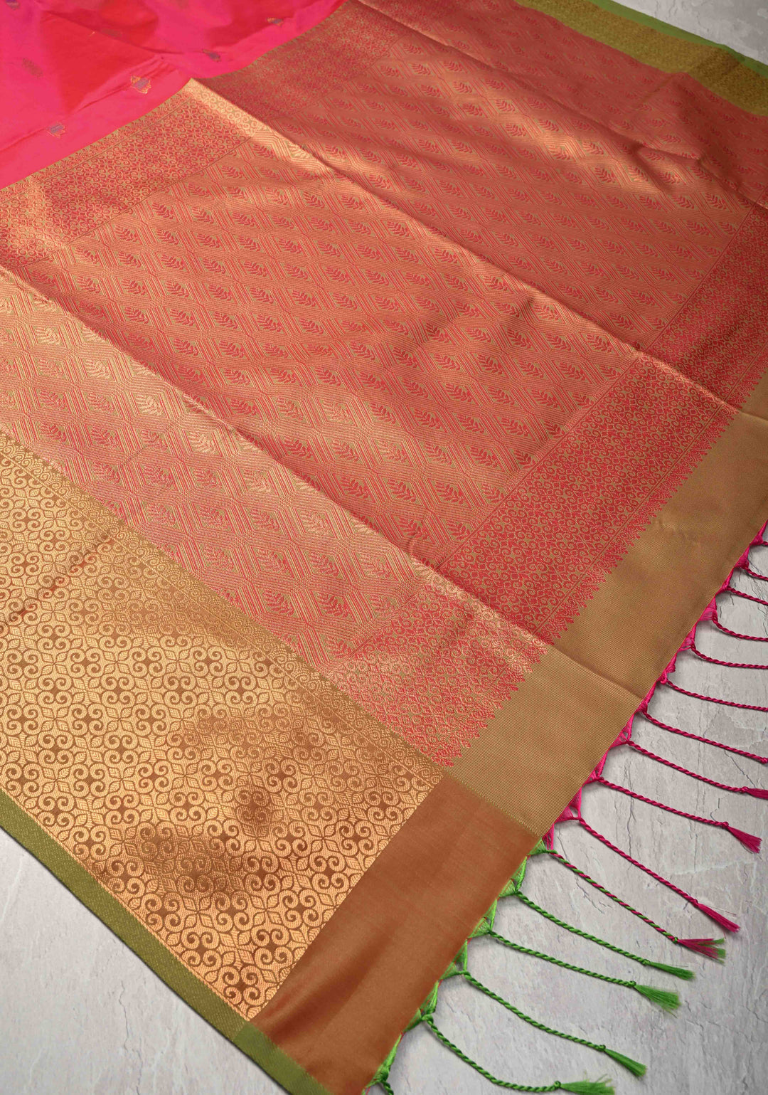 Amaranth Pink Kanchi Semi Silk Saree with Meenakari Floral Buttas and Contrast Zari Border