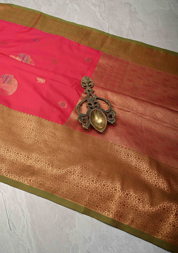 Amaranth Pink Kanchi Semi Silk Saree with Meenakari Floral Buttas and Contrast Zari Border