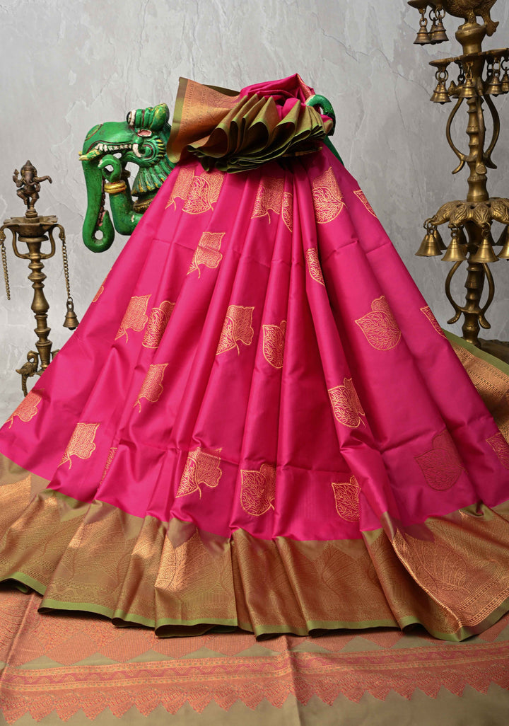 Deep Pink Kanchi Semi Silk Saree with Leaf Buttas and Zari Border