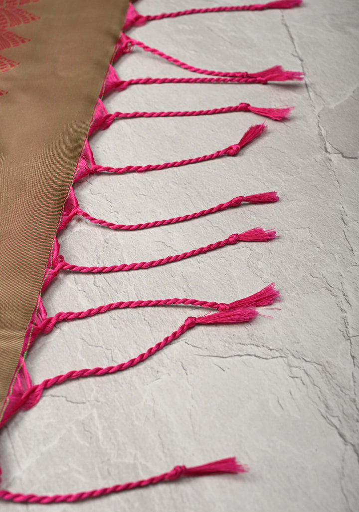 Deep Pink Kanchi Semi Silk Saree with Leaf Buttas and Zari Border